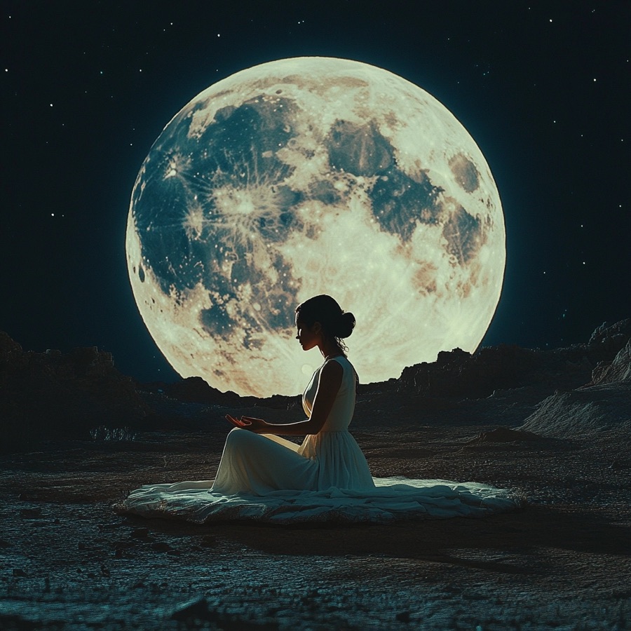 A woman meditating in front of a full moon